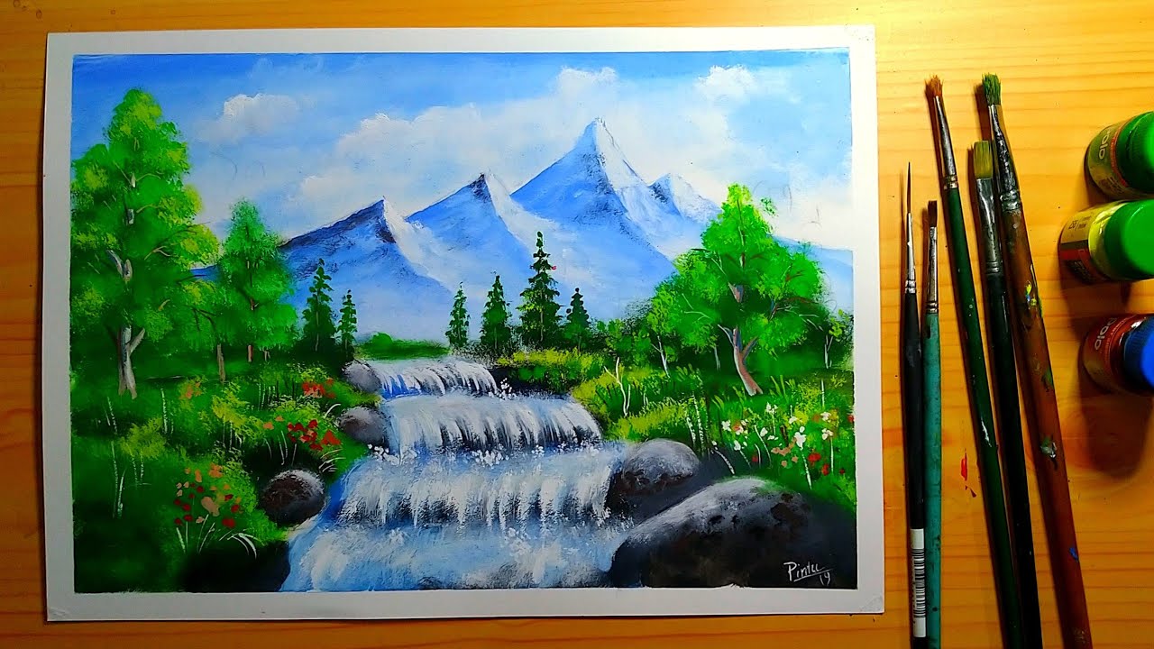 Landscape painting with poster color | waterfall | Mountains