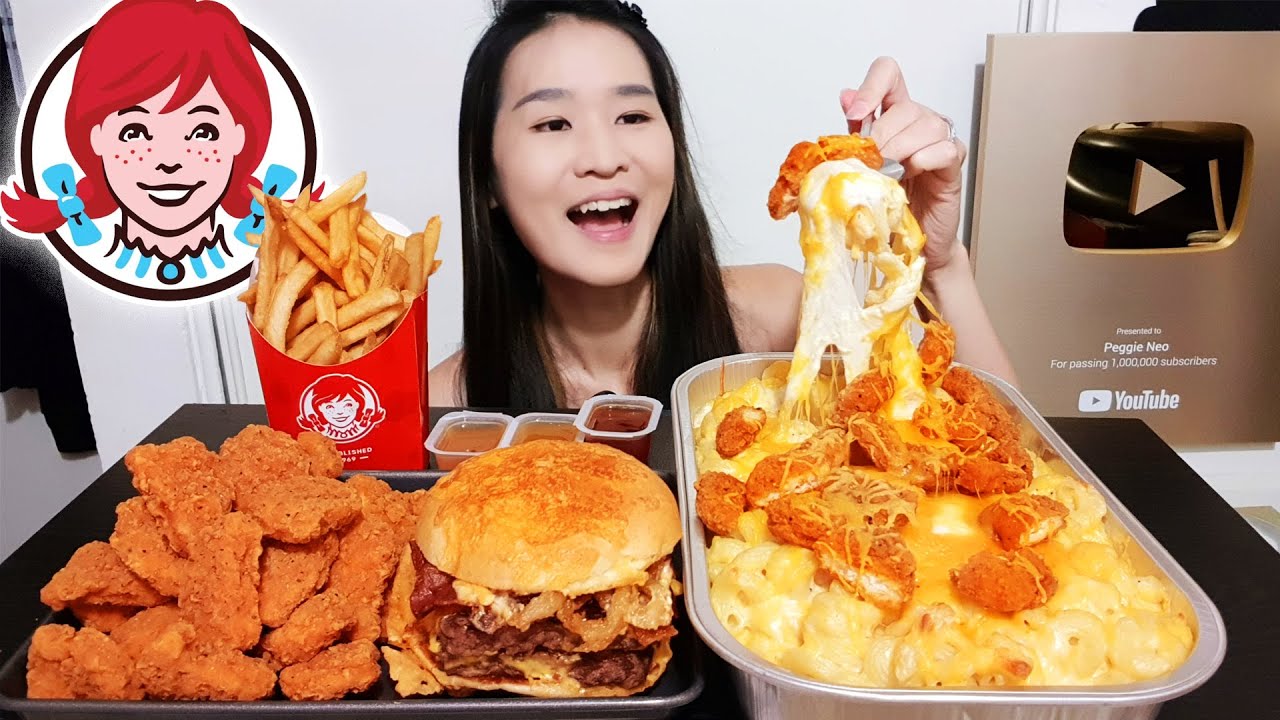 SO CHEESY! Wendy's NEW Big Bacon Cheddar Cheeseburger & Spicy Nuggets Mac N Cheese! Mukbang w/ Asmr