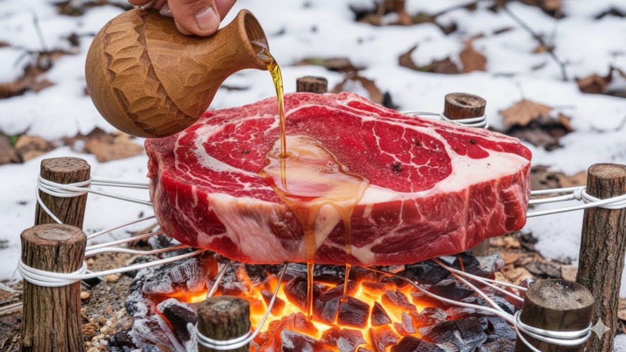 Cooking a Giant Steak🥩 on a Handmade Forest Grill🔥 | Bushcraft Outdoor Cooking❄️🌨️