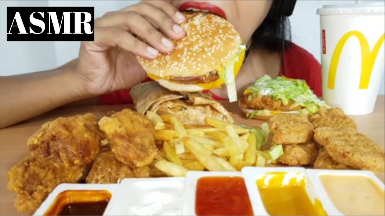 ASMR:MACDONALDS  BIG MAC,CHEESE BURGER,CHICKEN NUGGETS,WRAP,FRIED CHICkEN AND FRIES