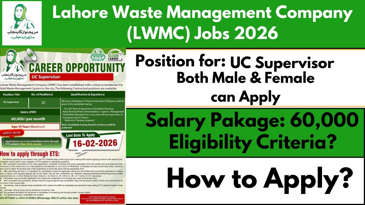 LWMC Jobs 2026 | UC Supervisor Jobs in Lahore Waste Management Company | 60,000 PKR Salary