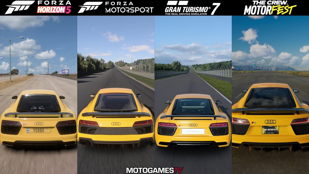 Forza Horizon 5 vs Motorsport vs GT7 vs The Crew Motorfest - Audi R8 V10 plus Sound Comparison