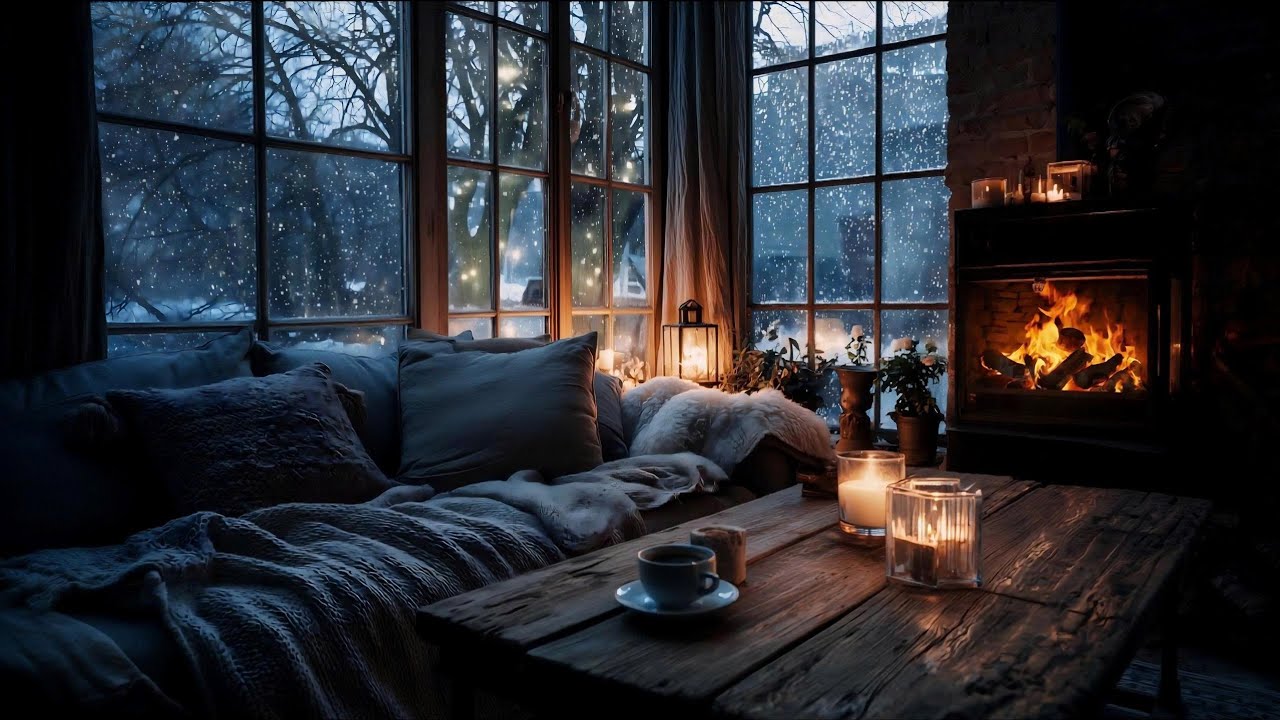 Soft Snow & Gentle Winter Wind • Warm Fireplace Night