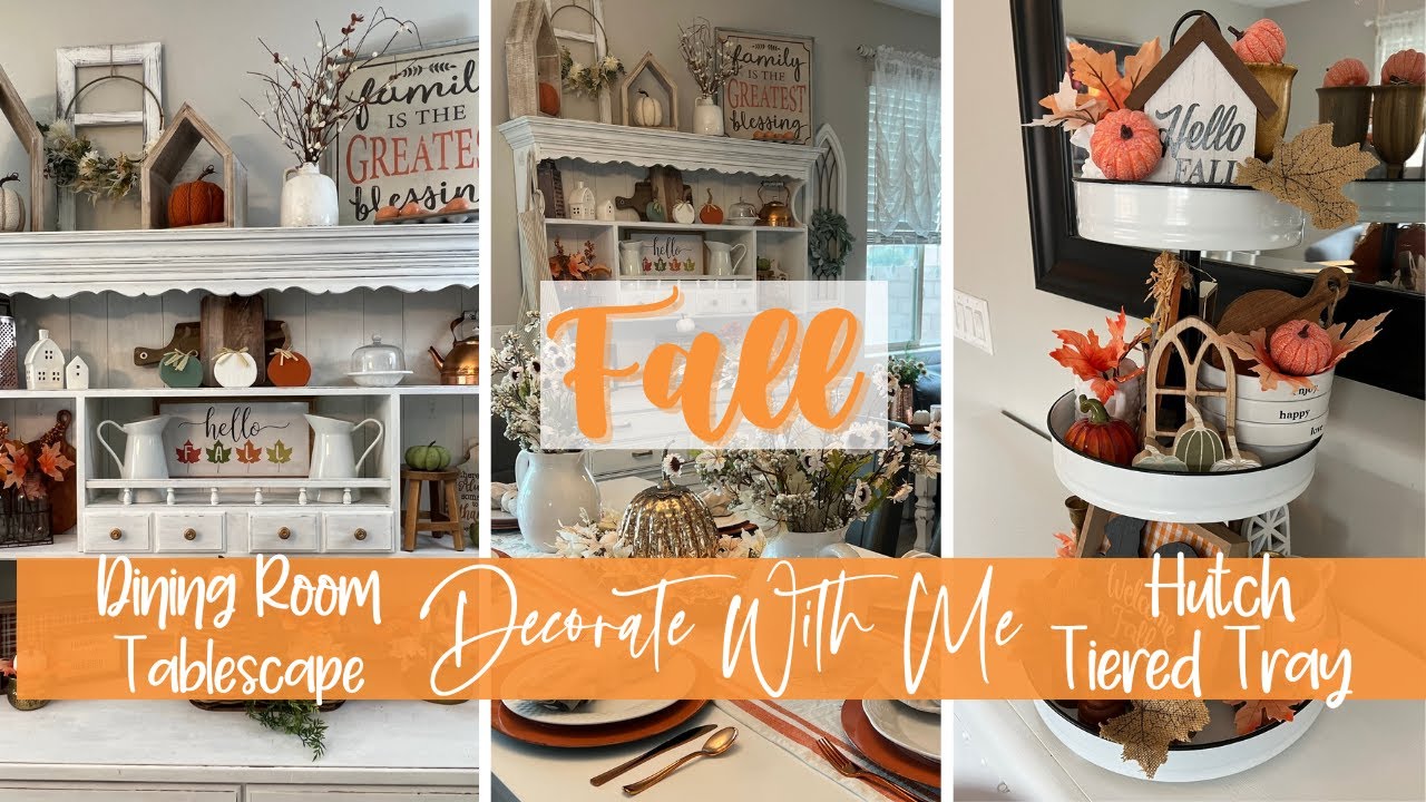 DINING ROOM AND HUTCH FALL DECORATING IDEAS | FALL TABLESCAPE + TIERED TRAY