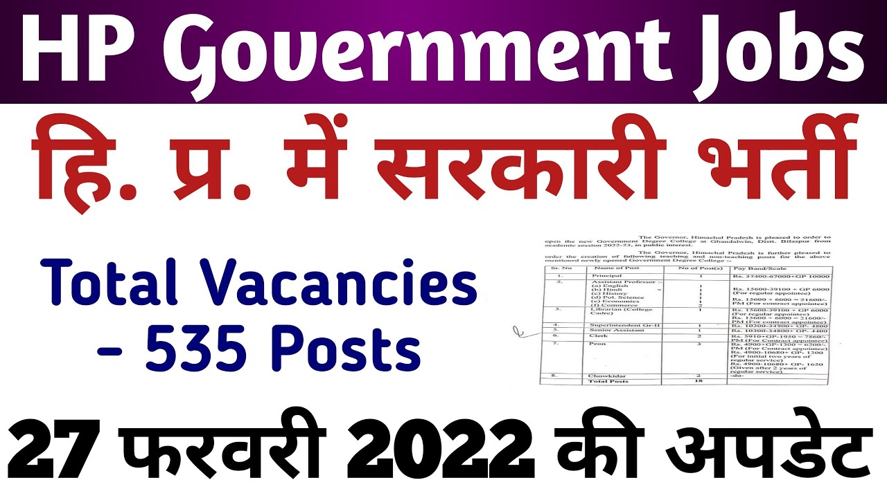 HP Govt Jobs 2022 || हिमाचल प्रदेश में 535 पदों पर भर्ती || Govt Jobs in Himachal || 27 feb 2022