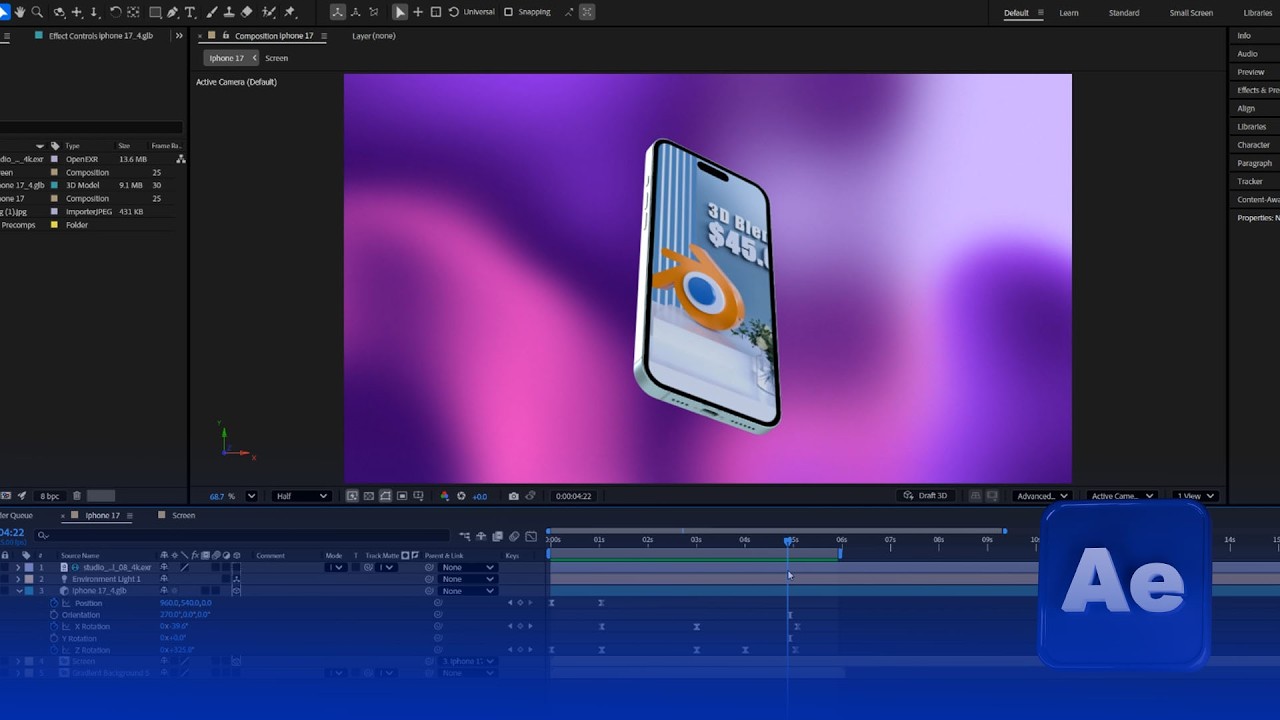 របៀប import Iphone 17 3D model to After Effects 2025