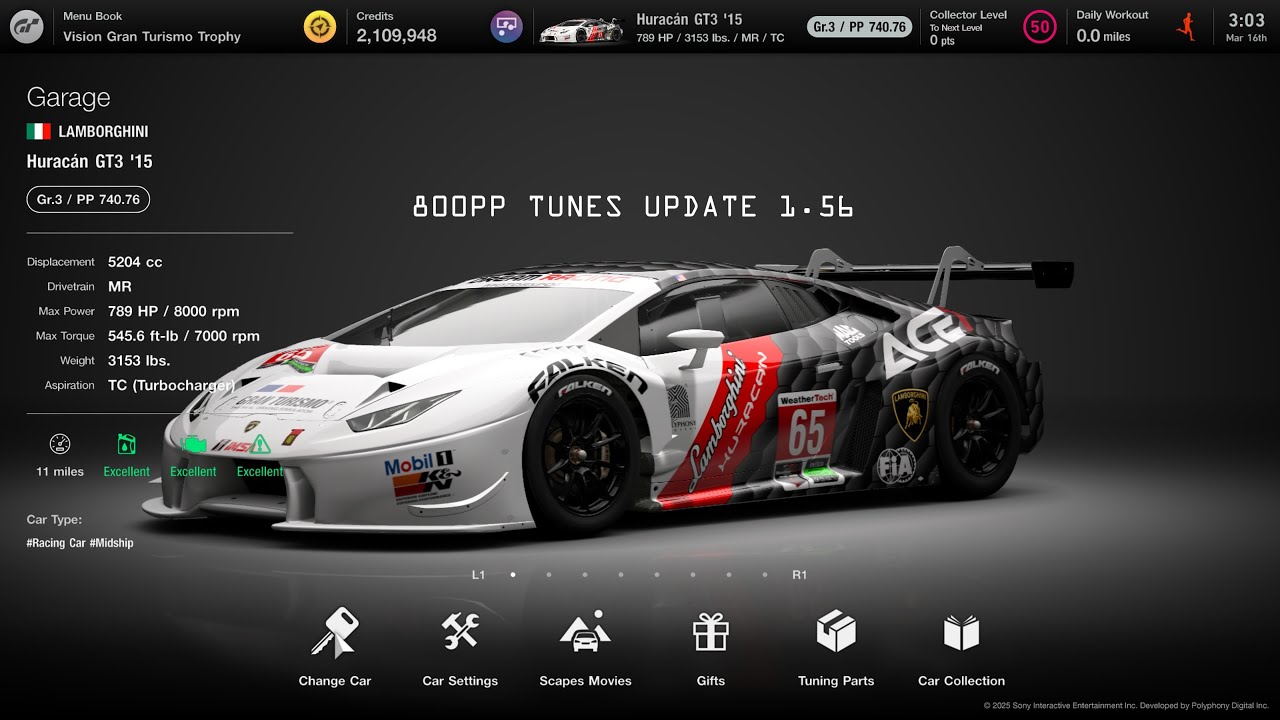 [Gran Turismo 7] Huracan GT3'15 800pp tunes update 1.56