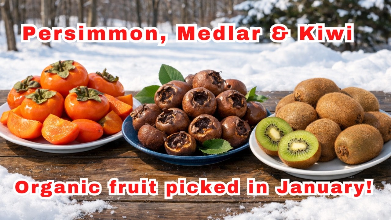 Fresh Kiwi, Persimmon and Medlar fruit in January 🥝🍊🍏 in FREEZING Maryland!  Taste test!
