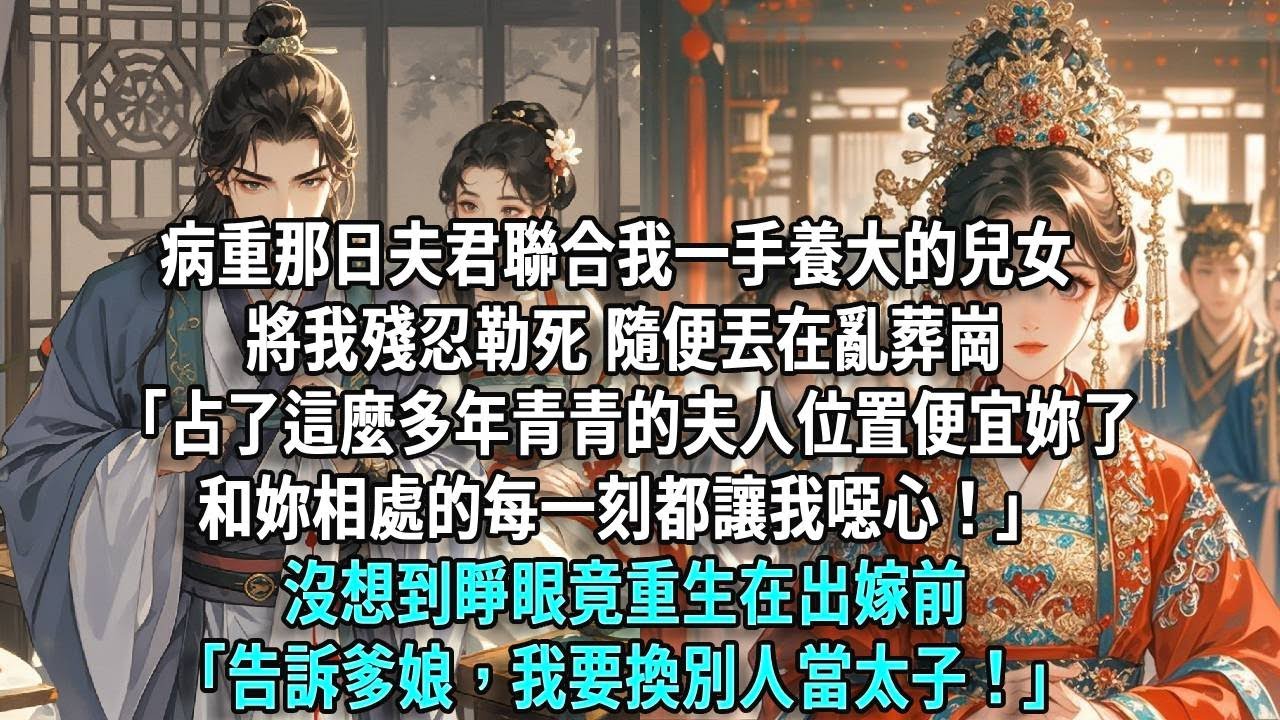 病重那日，夫君聯合我一手養大的兒女，將我殘忍勒死，隨便丟在亂葬崗。「占了這麼多年青青的夫人位置，便宜妳了，和妳相處的每一刻都讓我噁心！」沒想到睜眼竟重生在出嫁前。「告訴爹娘，我要換別人當太子！」