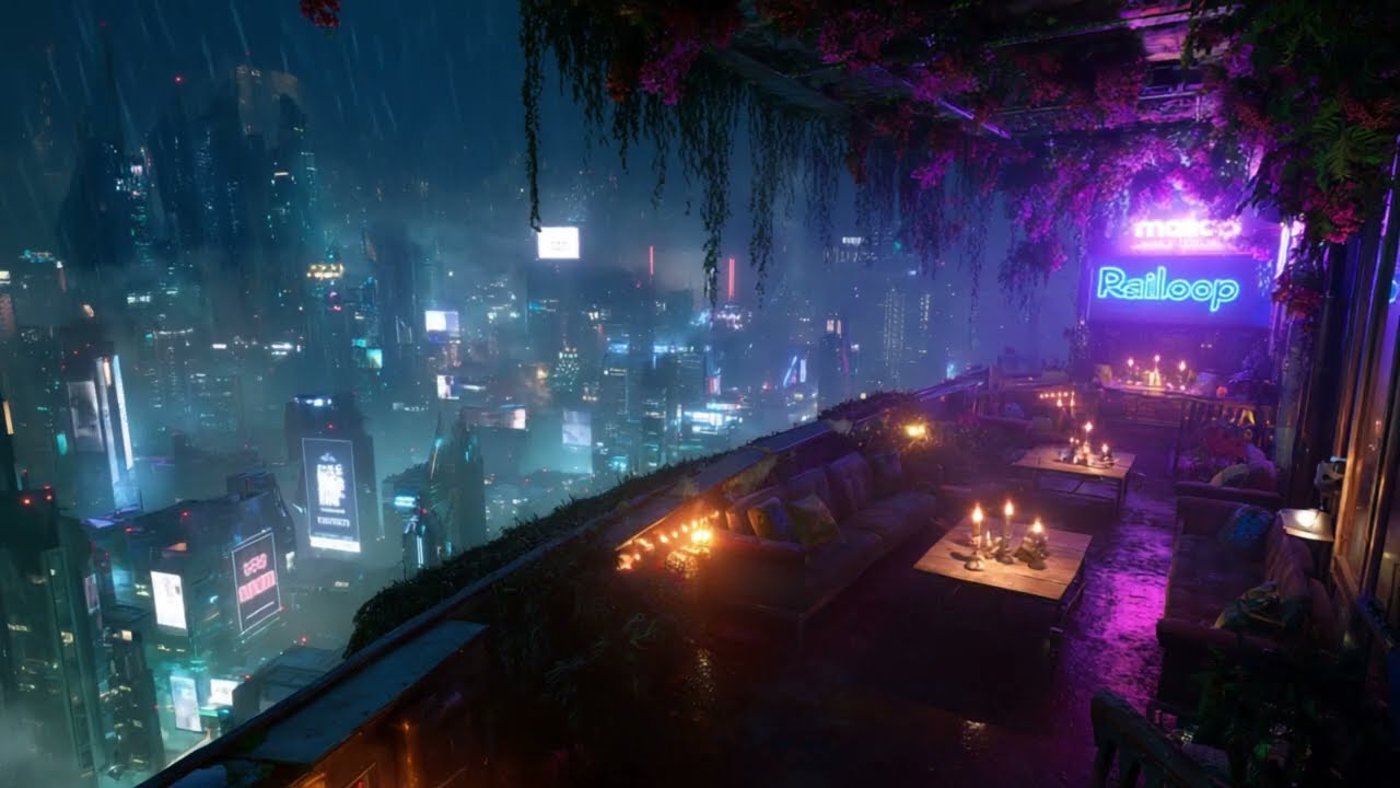 Rainy Nights at the Neon Balcony Bar ☔️🌃 | Lo-Fi Cyberpunk Chill for Focus & Rest | 2 Hours