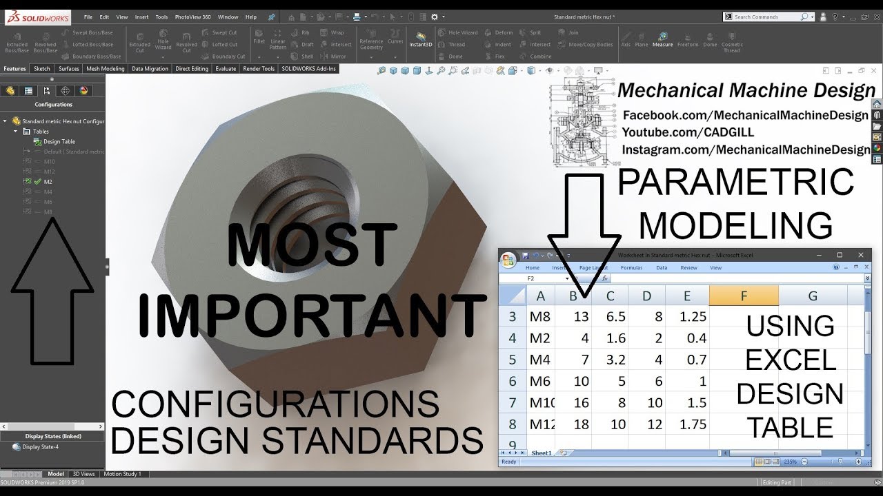 Параметрическое моделирование SolidWorks, интеграция Excel, таблицы проектирования и конфигурация...