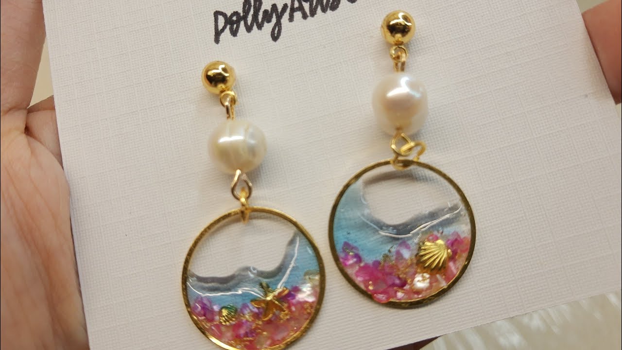 Uv resin jewelry - uv resin earrings - shells and pearls