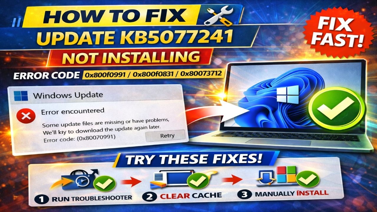 How To Fix Update KB5077241 Not Installing Error Code 0x800f081f0x800f0991 0x80070306 Windows 11
