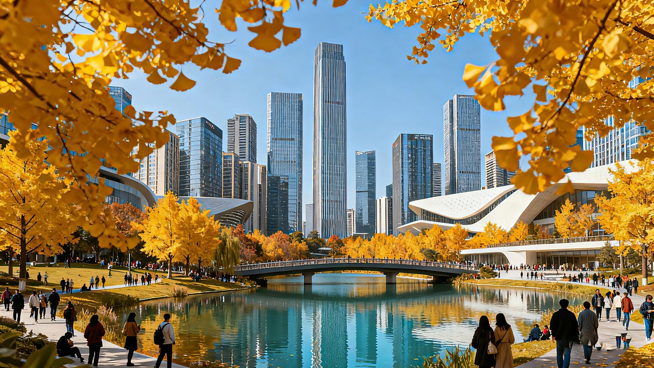 Chengdu, China: Autumn walk in the central CBD of Chengdu, the most livable city in China