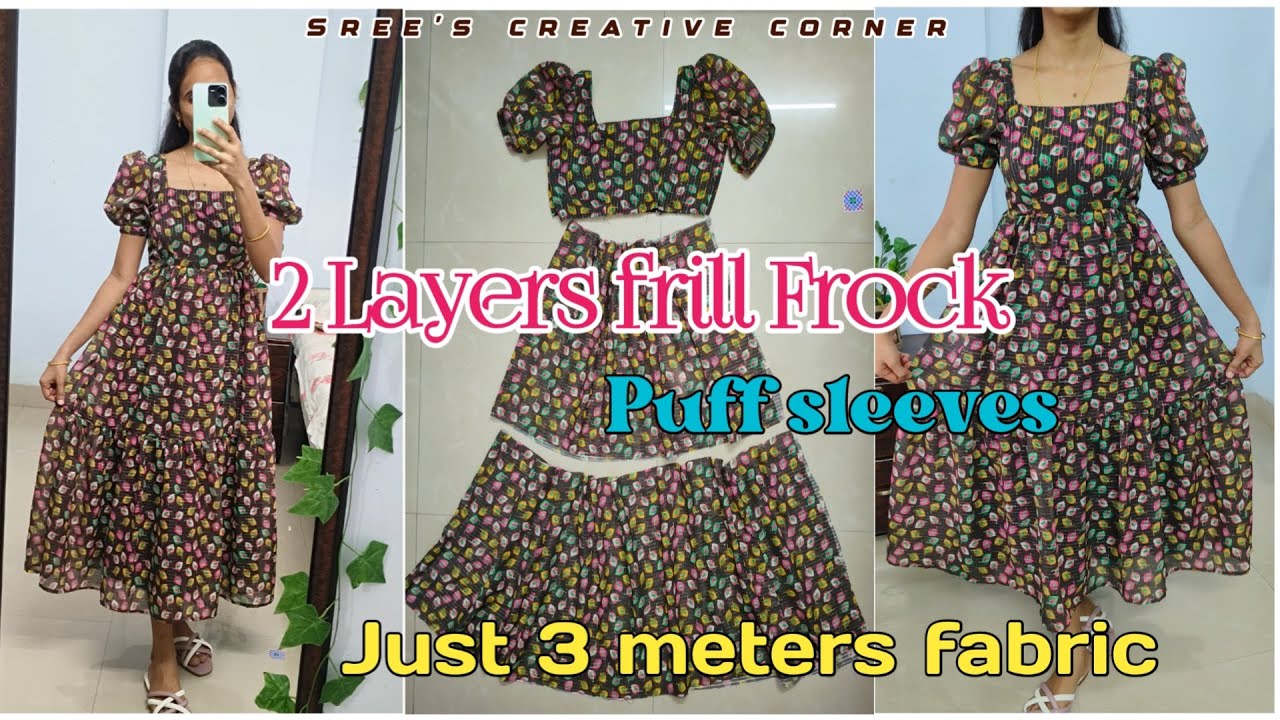 Stunning Two-Layer Puff sleeve Frock with 3 meters fabric| Cutting ✂️ & Stitching