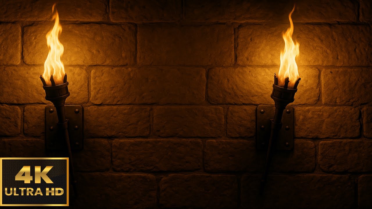 4K Ambient Torchlit Medieval Corridor | 10-Hour TV Background