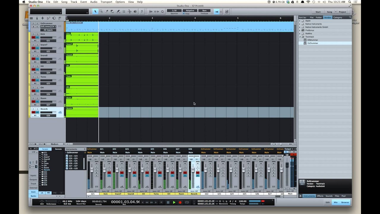 Recording Multiple Outputs of EZDrummer in Studio One
