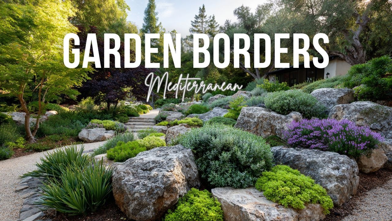Mediterranean Garden Borders with Light Stone, Green Layers, and Calm Mood