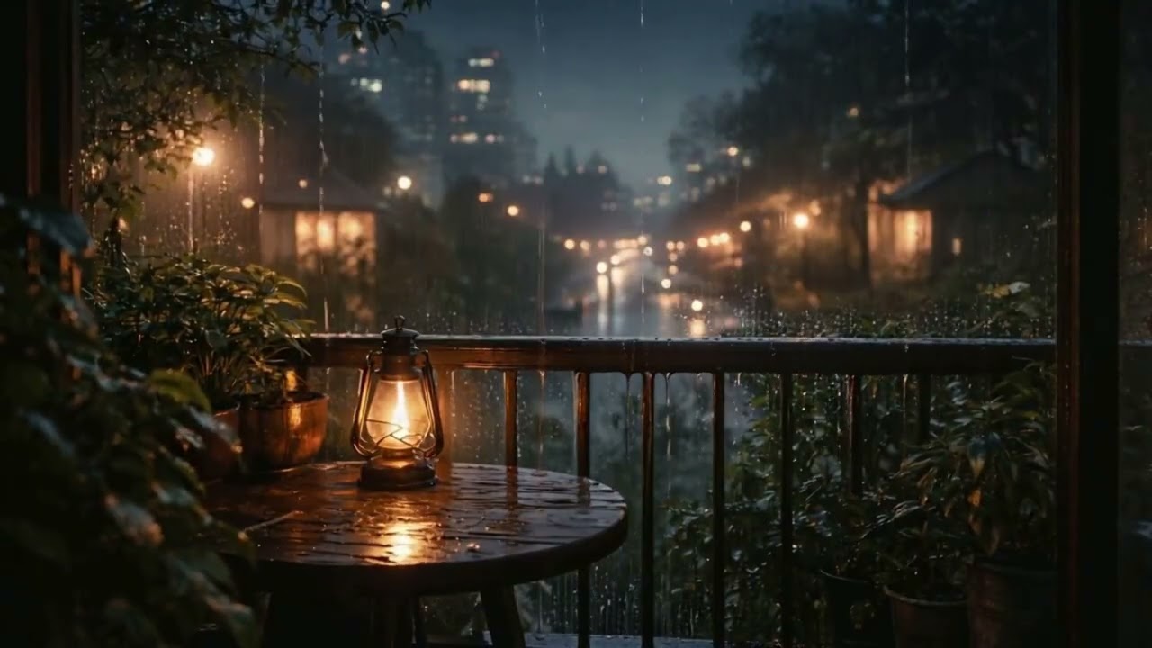 Rainy Night Balcony with Soft Lantern Light ☔ Cozy Rain Ambience for Sleep & Relaxation