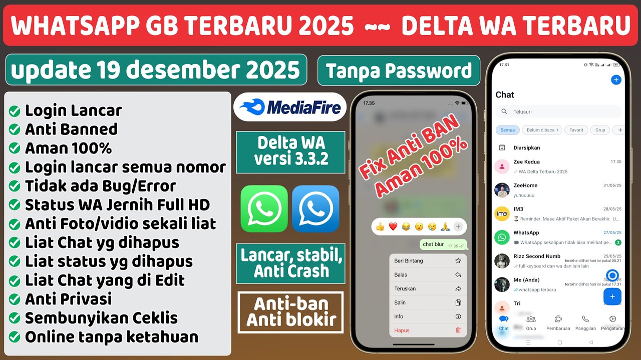 Последнее обновление WhatsApp Delta v3.3.2 от 19 декабря 2025 г. ⚡Скачать WA GB Stable Anti Ban Fix