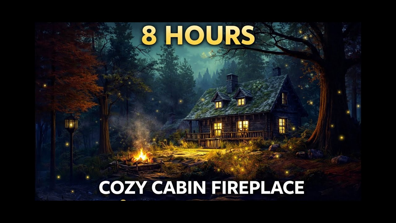 8 Hours Cozy Cabin Fireplace 🔥 Fireflies in the Forest | Relax • Sleep • Ambience