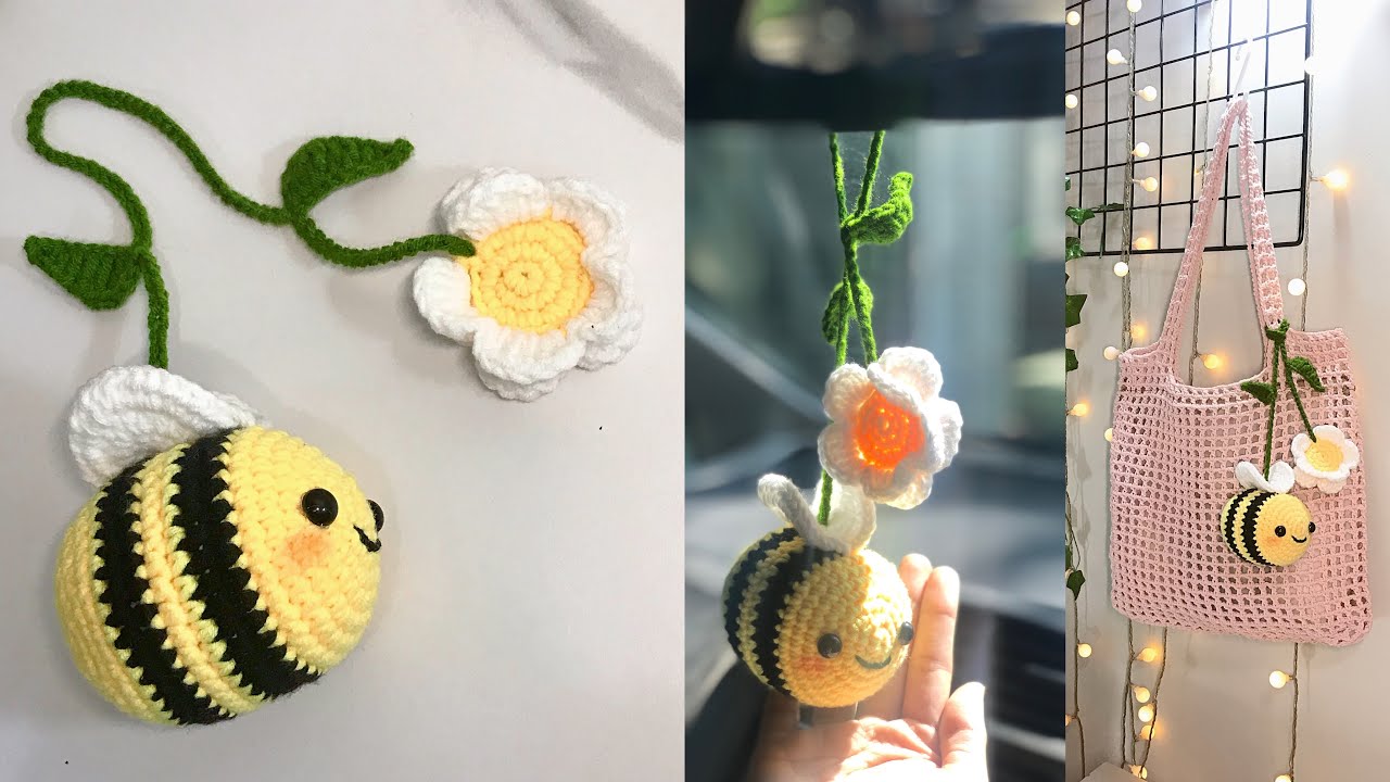 Crochet car mirror hanging tutorial | 🐝Bee and flower🌸 | crochet bag accessory