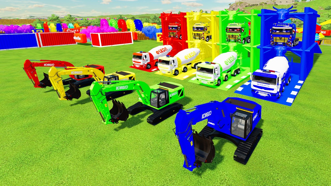 Colorful trucks - ALL COLORFUL ELKON MIXER TRUCK, KOBELCO SK480 EXCAVATOR TRANSPORTING TO GARAGE
