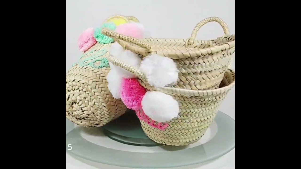 Mini Personalized Straw Basket Bag with Rope Handles and Pompom