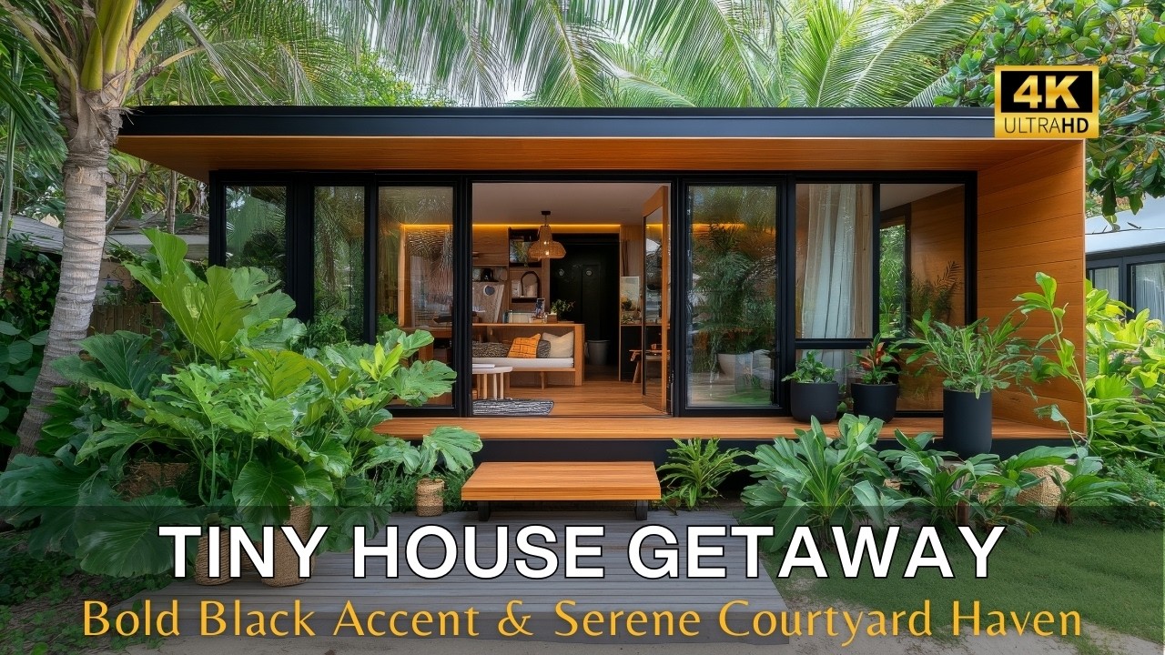 Luxury Tiny House Getaway: Tropical Elegance with Bold Black Accent and Serene Courtyard Design