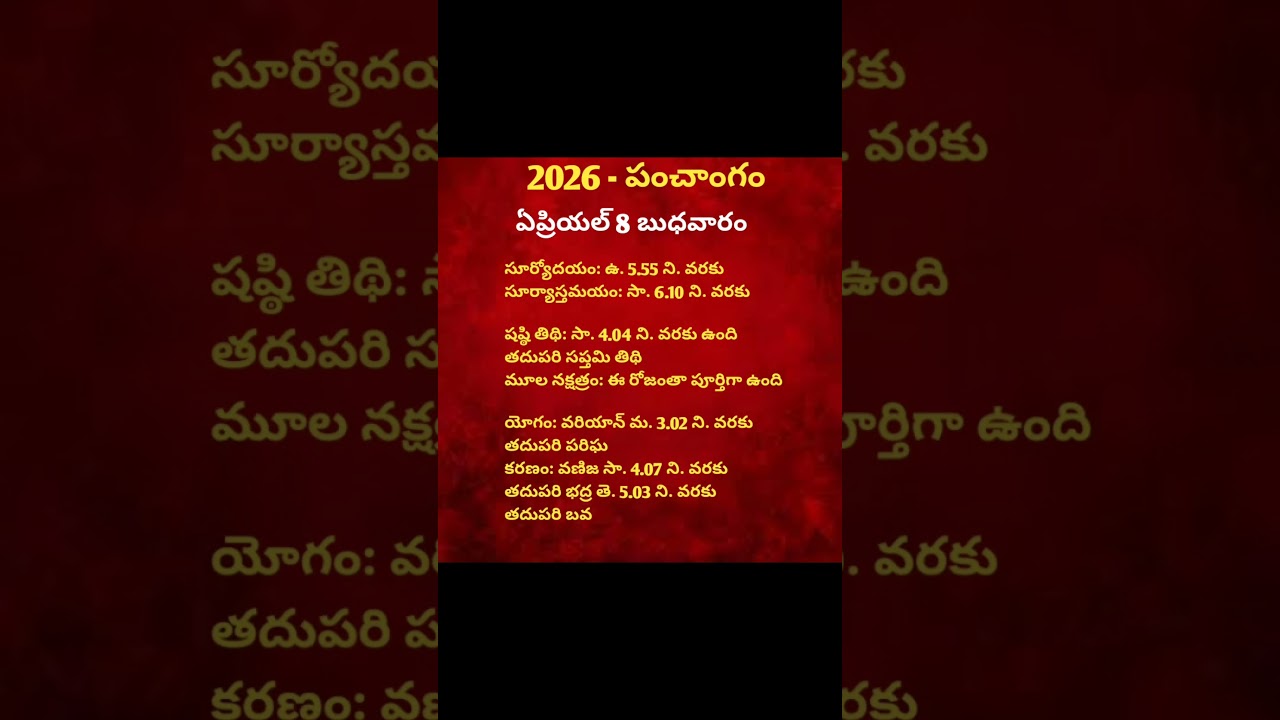 April 8th 2026 panchangam in telugu #shorts #viralshorts #dailypanchangam #april #calendar