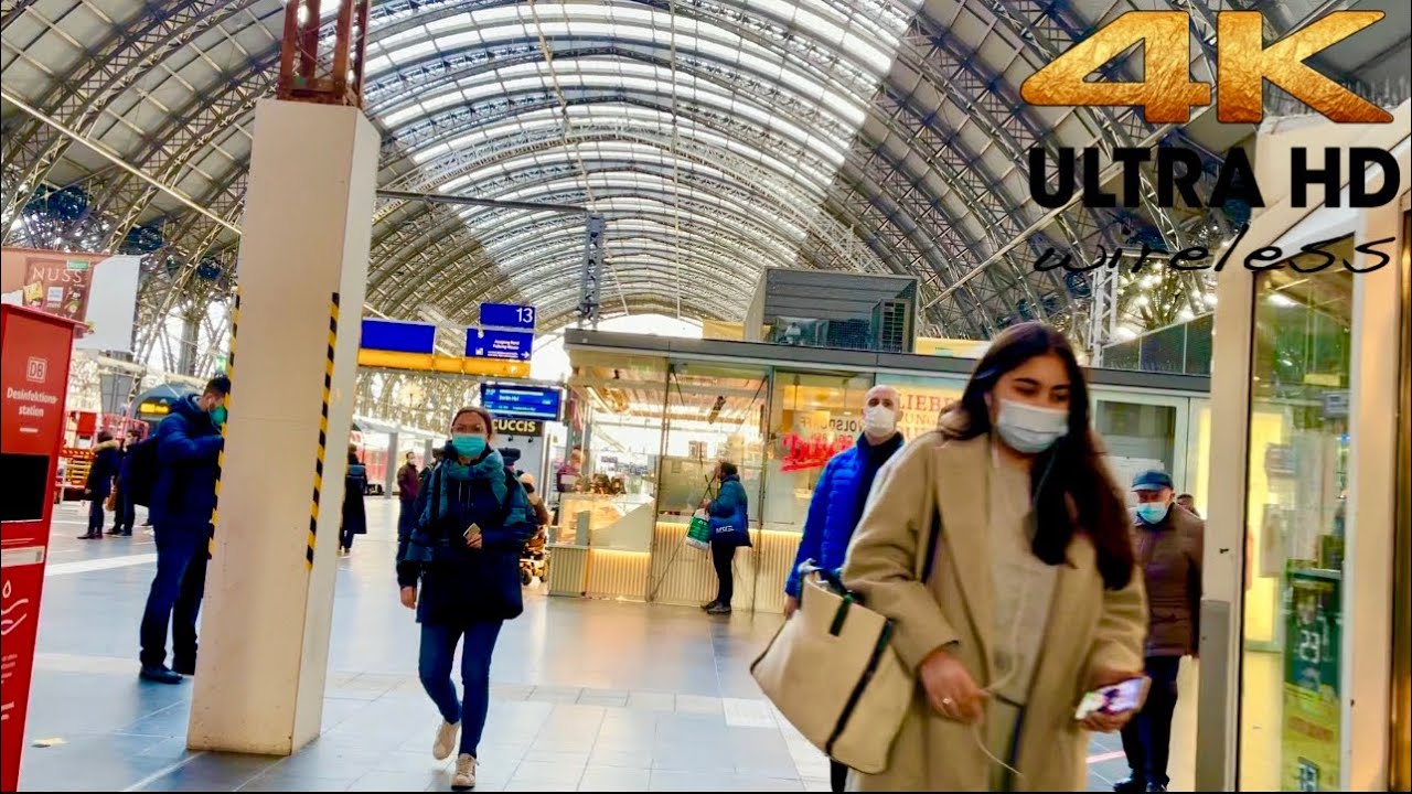 [4K HDR] Frankfurt Train Station and City Walking Tour . Winter Germany 🇩🇪 2021