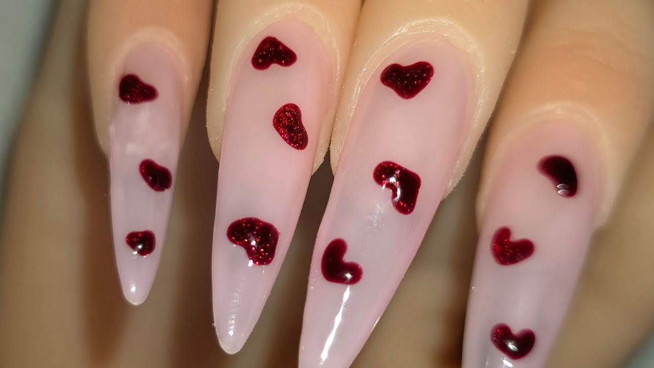 ❤️Romantic Long Nude Nails with Red Hearts ❤️| step by step