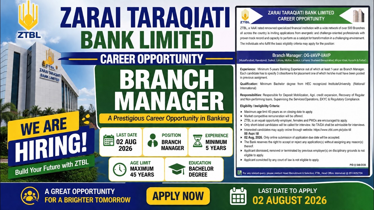 ZTBL Branch Manager Jobs 2026 |  Bank Jobs | Bachelor Required | Apply Online 02 August