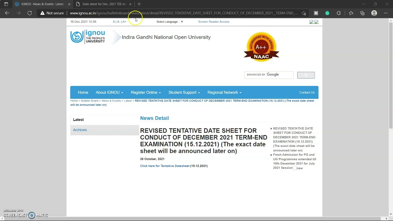 IGNOU revised tentative date sheet for DEC 2021 examination || 15-12-2021   @IGNOU epathshala ​