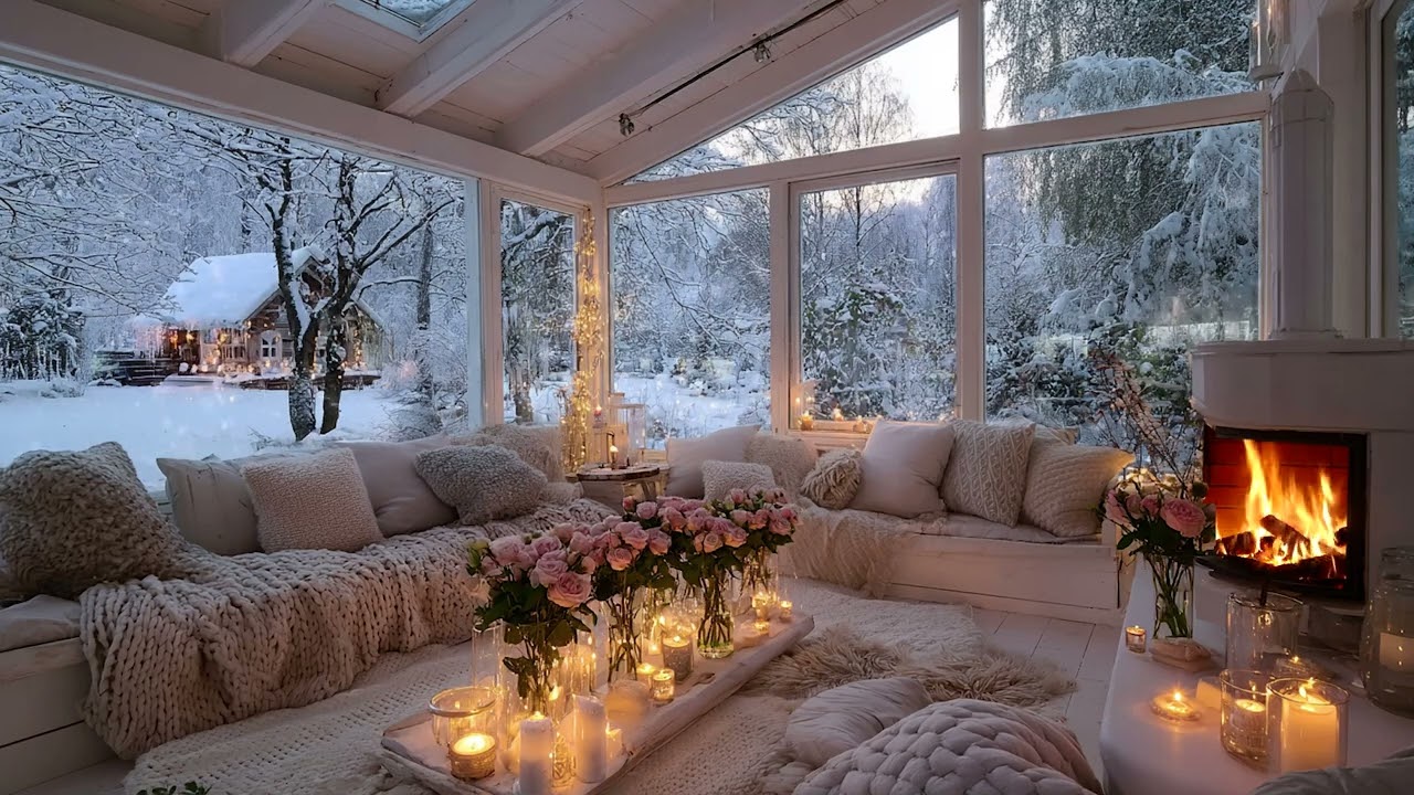 Natural Snow Wind and Fireplace Fire Sounds for Relaxation, Focus and Stress Release