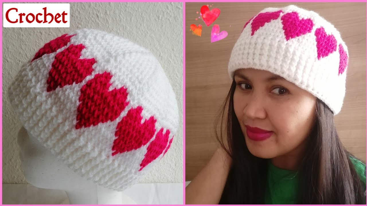 Crochet Beanie with Hearts Design