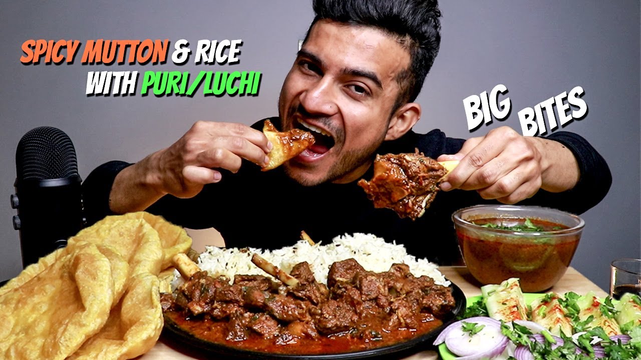 INDIAN Spicy Mutton & Puri / Luchi With Jeera Rice | MUKBANG