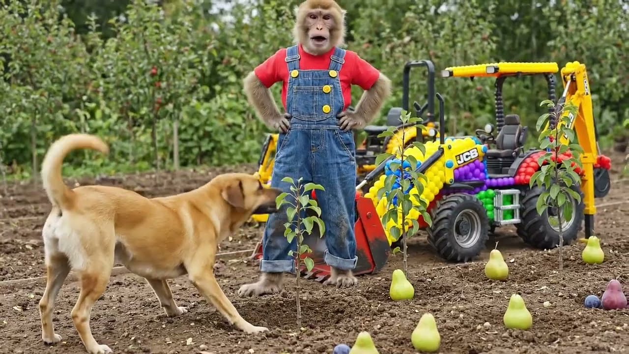 Monkey NaNa  Cuts Weeds, Removes Garbage on His Farm! JCB 3cx Tractor Excavator Help MONKEY Life