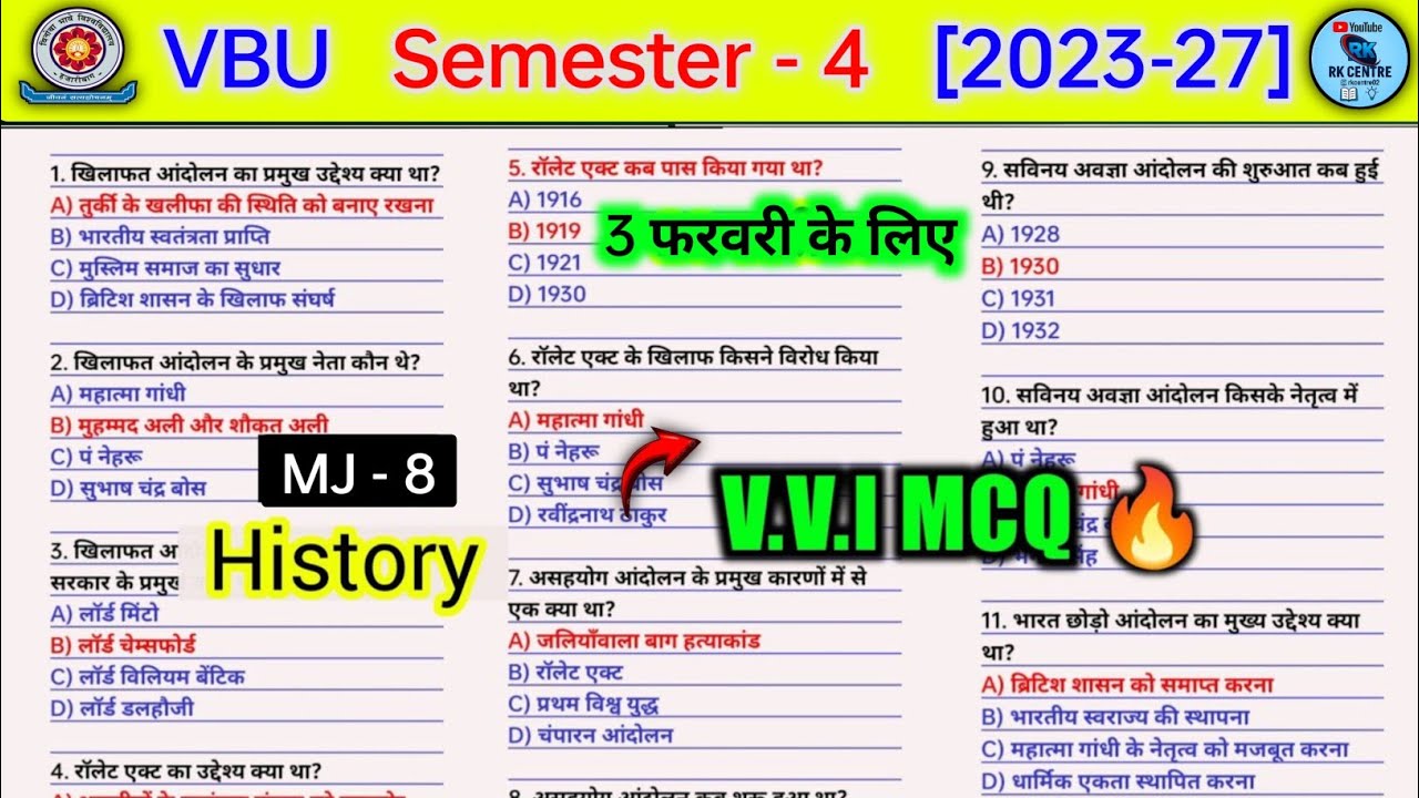 MJ 8 history semester 4 important MCQ🔥। Khilafat aandolan l mj 8 history sem 4 question paper rk Cen