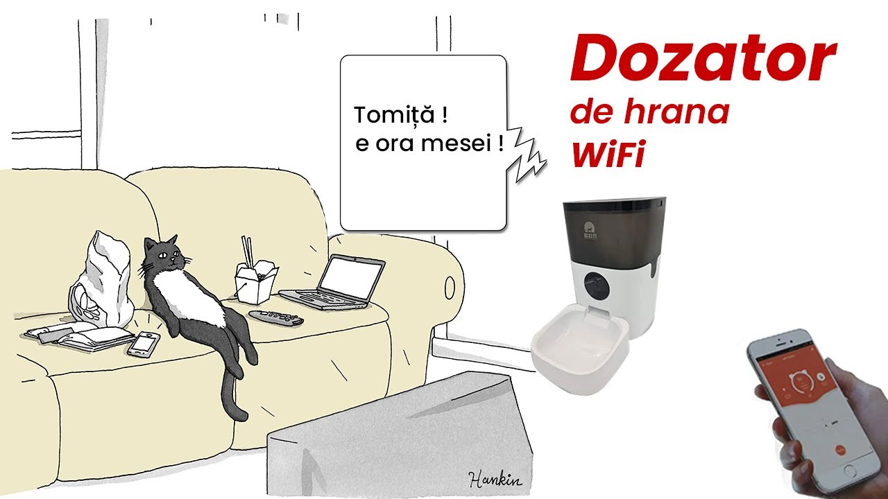 Dozator de hrană pentru animale, vocea stăpânului, wifi, 4L, control din telefon