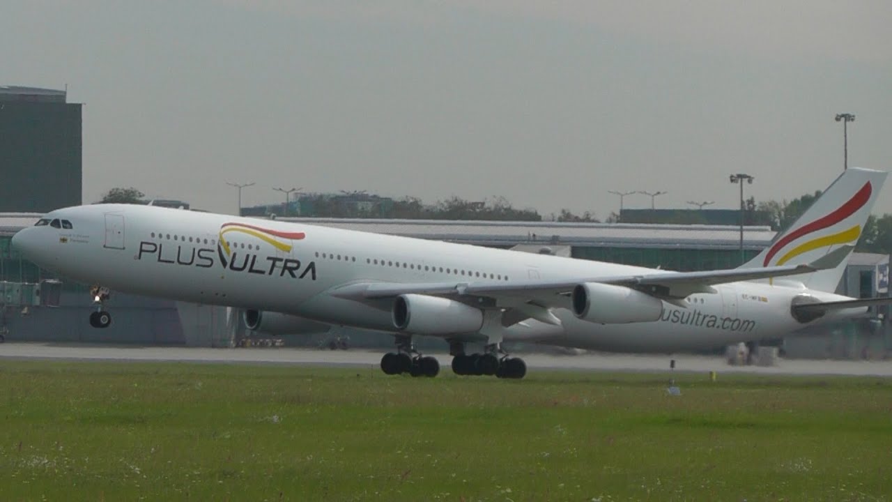Plus Ultra Airbus A340 short takeoff from Warsaw Chopin Airport