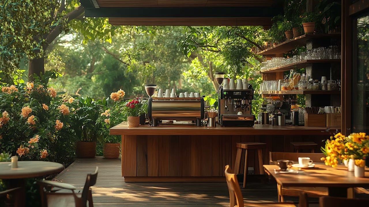 Positive Morning Jazz Garden ☕🌸 Tranquil Jazz Music at Warm Spring Coffee Shop Ambience for Relaxing