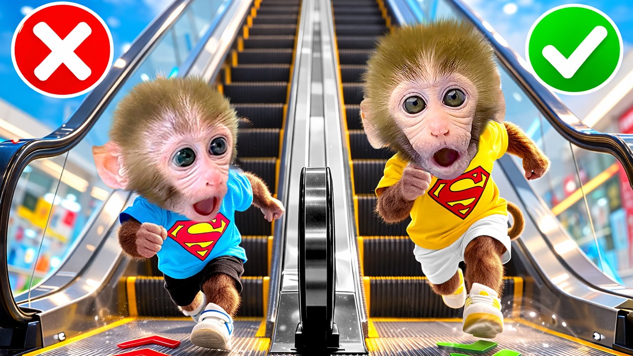 Affe BonBon erkundet mit seinen Freunden einen mehrstöckigen Supermarkt in einer modernen Stadt