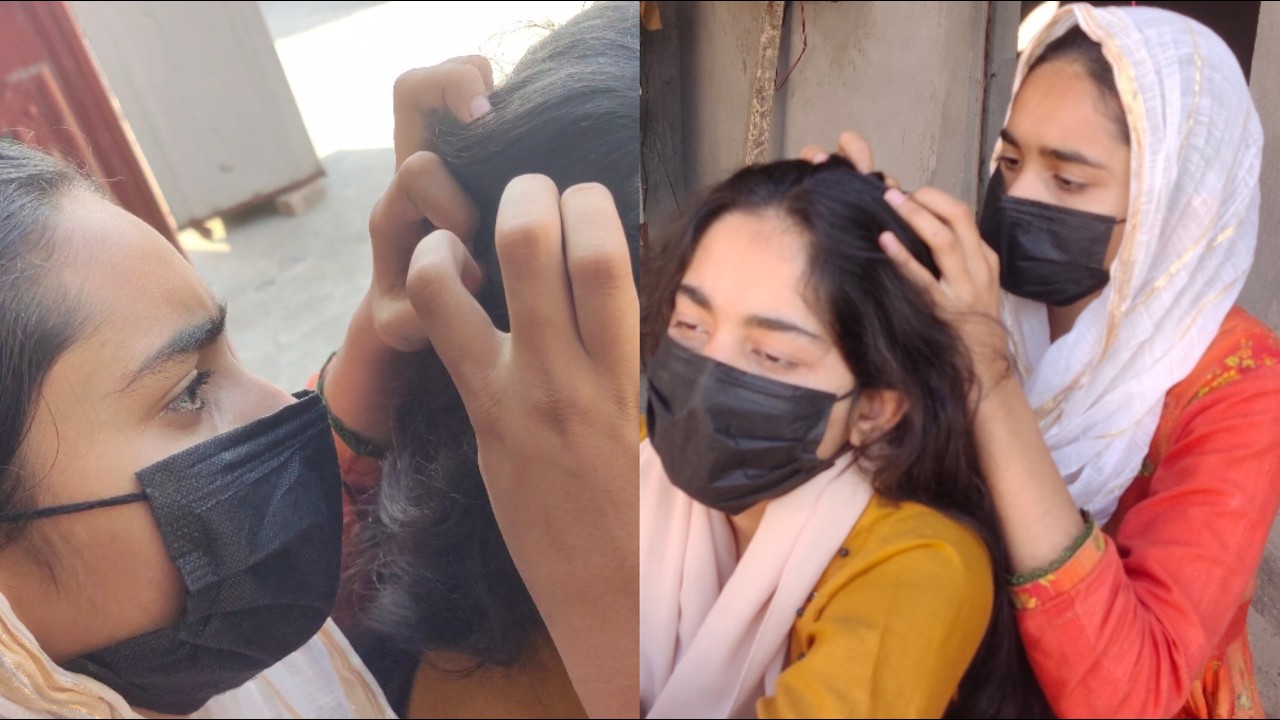 Frizzy long brown 🟤 hair checking with real sound