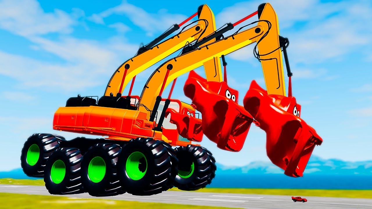 EPIC ESCAPE FROM MONSTER EXCAVATOR TRUCK TWINS VS SPIDER-CAR IN BEAMNG DRIVE