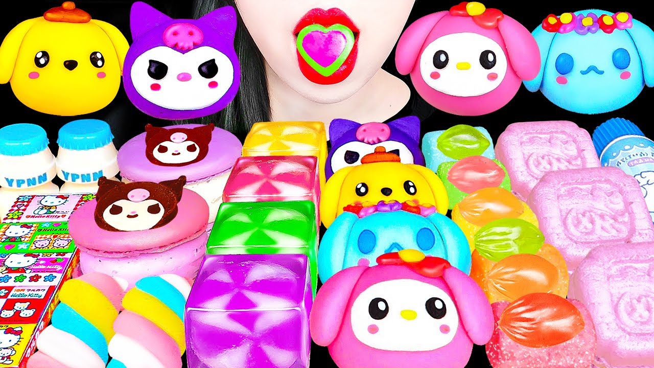 ASMR FRUITS RICE CAKE| KUROMI, CINNAMOROLL, MY MELODY, SANRIO MOCHI 시나모롤, 쿠로미, 마이멜로디 화과자 떡먹방 MUKBANG