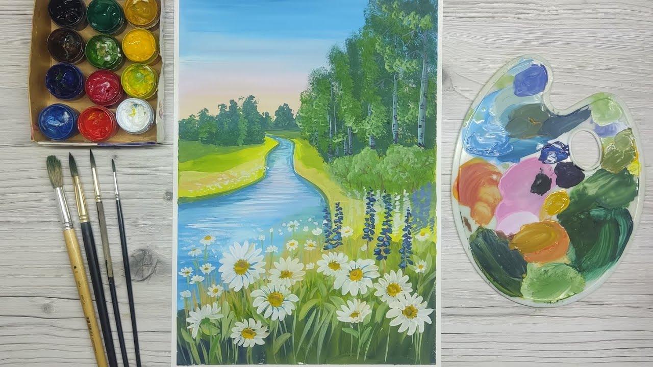 Пейзаж с ромашками, берёзами и речкой.