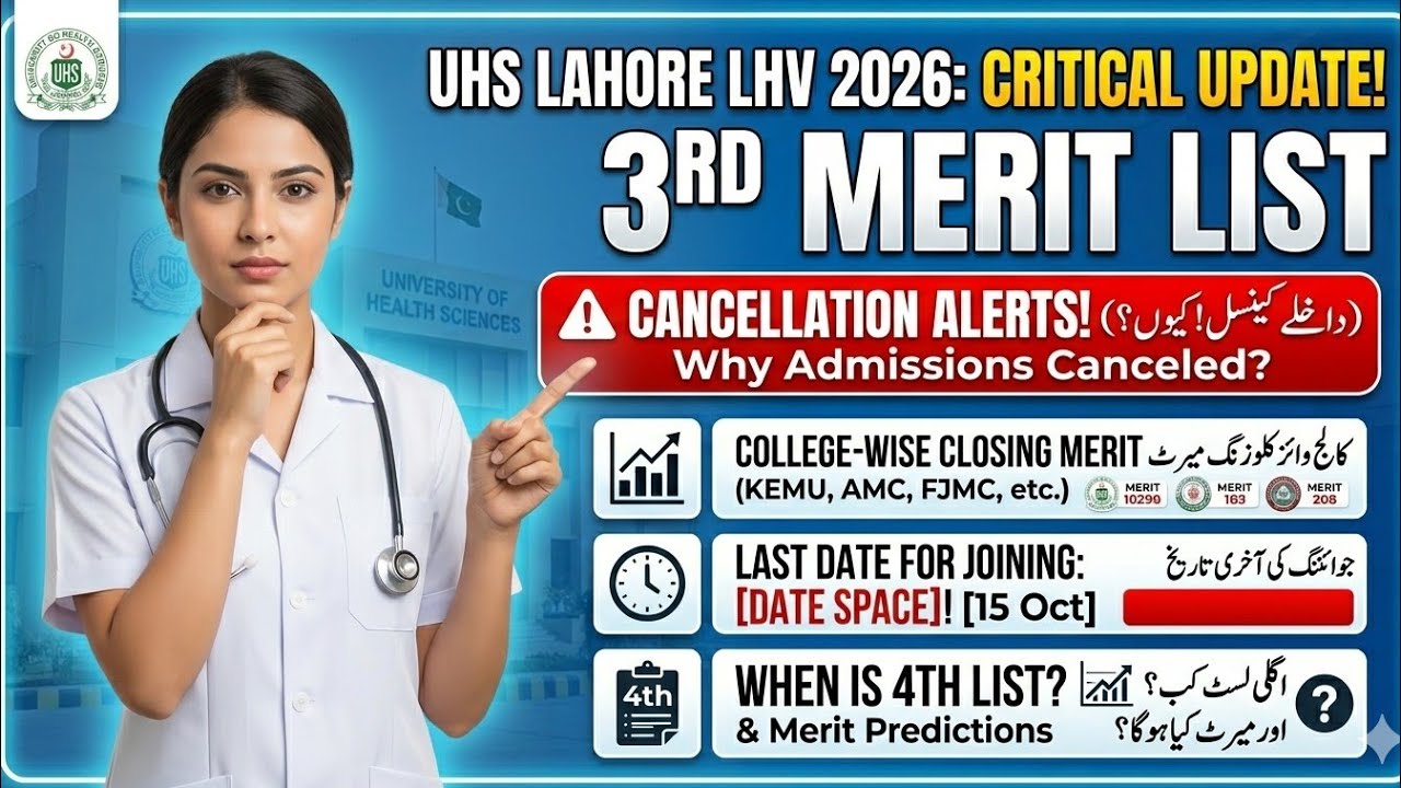 UHS Lahore LHV 3rd Merit List Out | College-wise Closing Merit | 4th List Kab Lagegi?