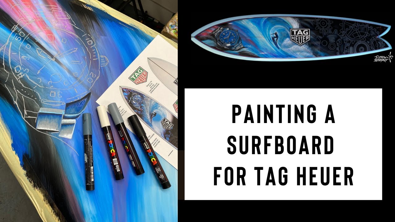 Drew Brophy painting a surfboard for Tag Heuer using Posca and Mixed Media