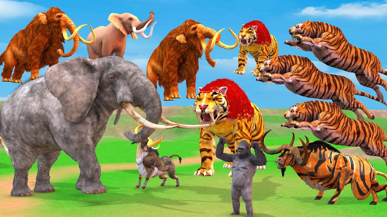 10 Woolly Mammoth vs 10 African Elephant vs 10 Tiger Big Bull Attack Cow Buffalo Saved By Mammoth